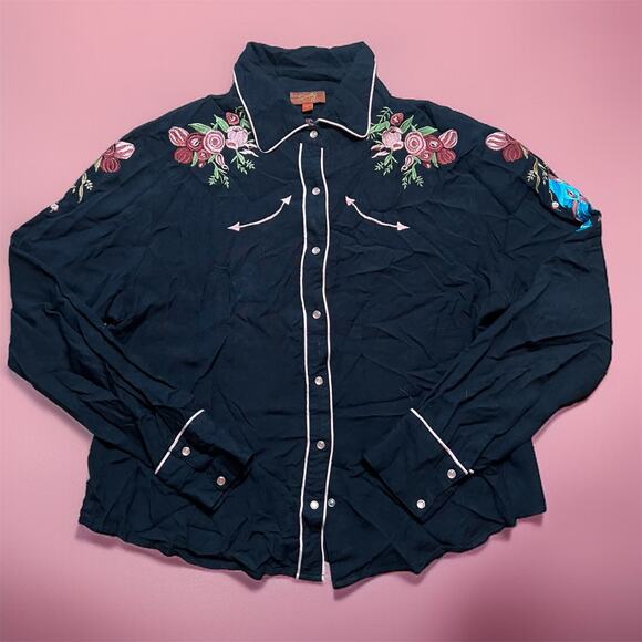 SCULLY Western Wear Longhorn Skull Button Up Size L Womens Retro Embroidered - Picture 2 of 8